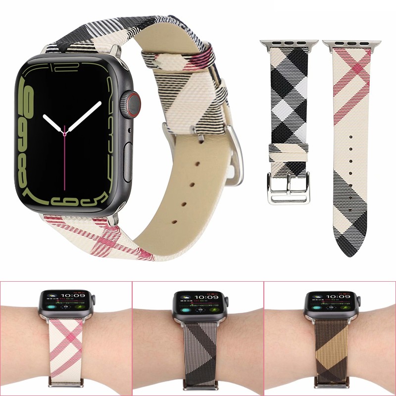 Plaid Pattern Strap for Apple Watch Band 44mm 42mm 40mm 38mm Genuine Leather Wristband Strap Bracelet for Iwatch Series 7 6 Se 54