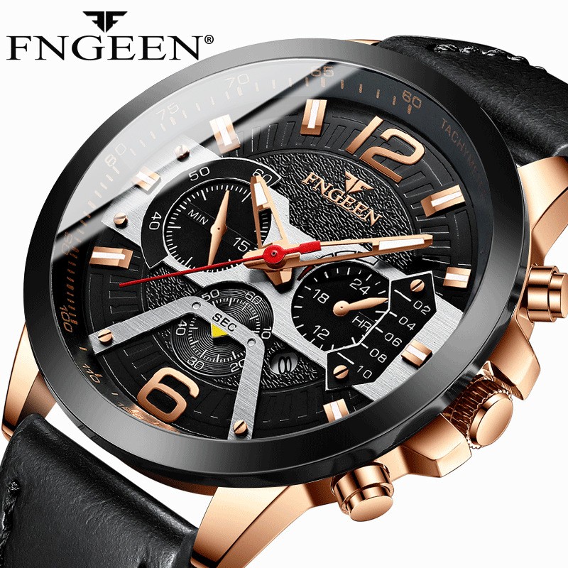 FNGEEN 2022 Fashion Men's Watches Luxury Leather Quartz Wristwatch Calendar Luminous Watch Men Business Casual Sports Watch