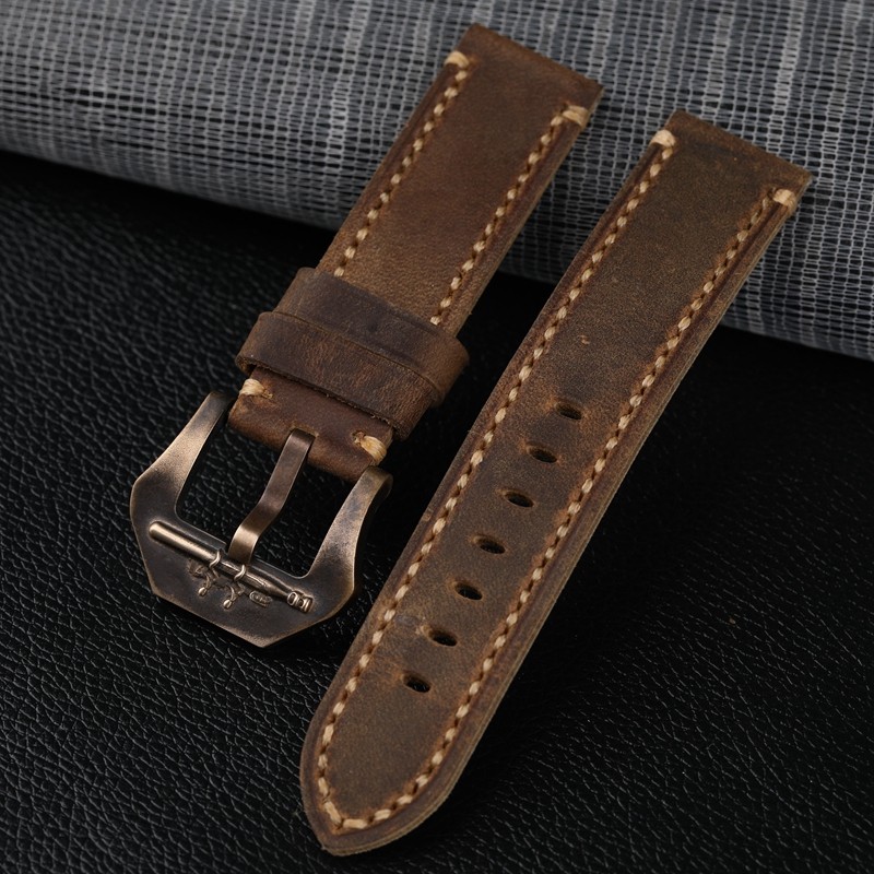 Dark brown crazy horse leather strap 20 21 22 23 24 26 mm fits bronze watch bracelet, vintage style
