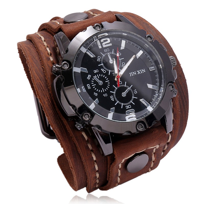 Men's Quartz Watches Jisingshu Luxury Wristwatch 2022 Cowhide Watch Band Punk Style Men's Watch Genuine Leather Wide Bracelets