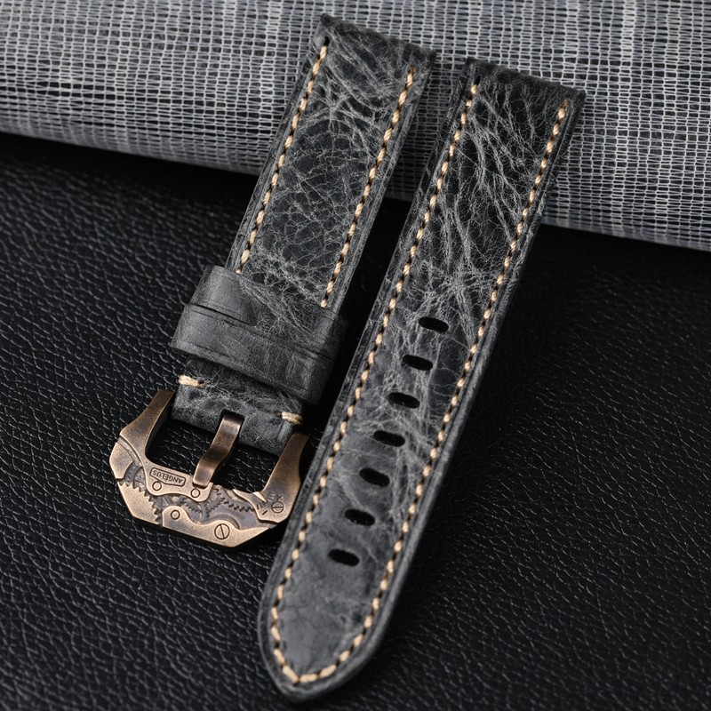 Handmade smoke gray leather watchband 20 22 24 26 mm bronze buckle bracelet, suitable for PAM111 441 men's bracelet