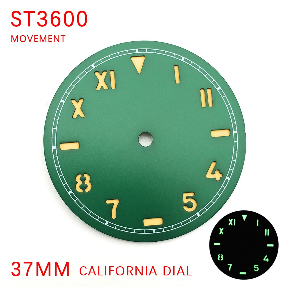 Watch Parts 37mm California Manual Winding Green Watch Literally Aseptic Dial For ETA 6497 ST3600 Luminous Movement