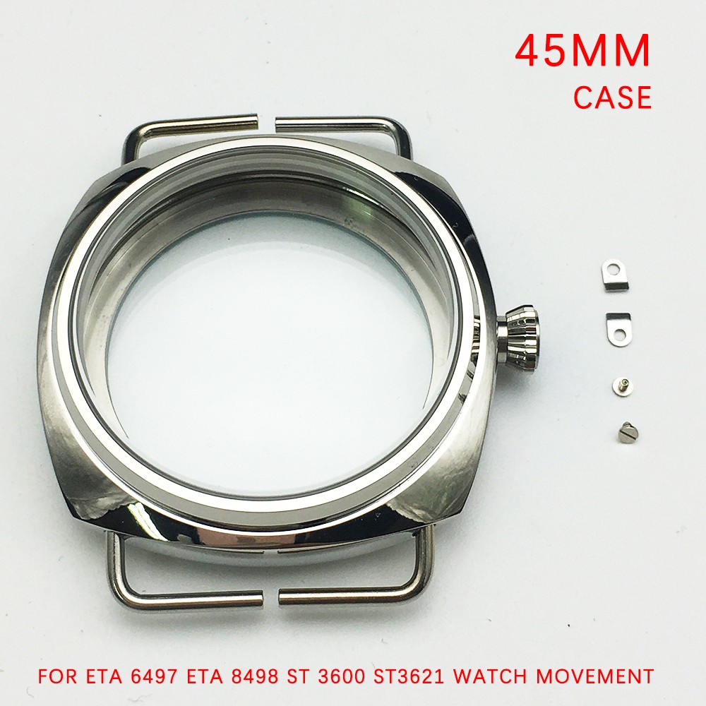 45mm polished 316L stainless steel case high hardness mineral glass for ETA 6497 8498 ST 3600 ST3621 watch movement