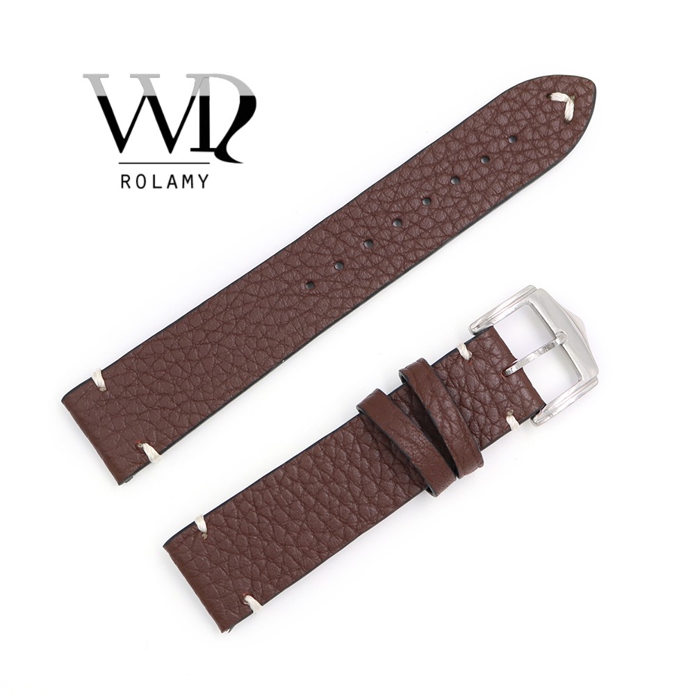 Rolamy 20 22 24mm Wholesale Genuine Cowhide Smooth Vintage Leather Black Brown Blue Red Watch Band Strap with Polish Buckle