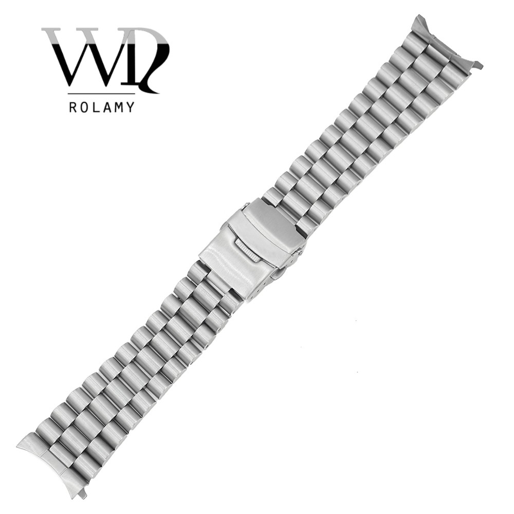 Rolamy 20 22mm Silver Hollow Curved End Solid Links Replacement Strap Strap Bracelet Double Push Clasp for Seiko