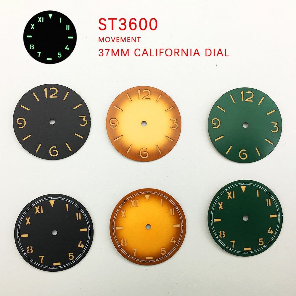 Watch Parts 37mm California Manual Winding Green Watch Literally Aseptic Dial For ETA 6497 ST3600 Luminous Movement