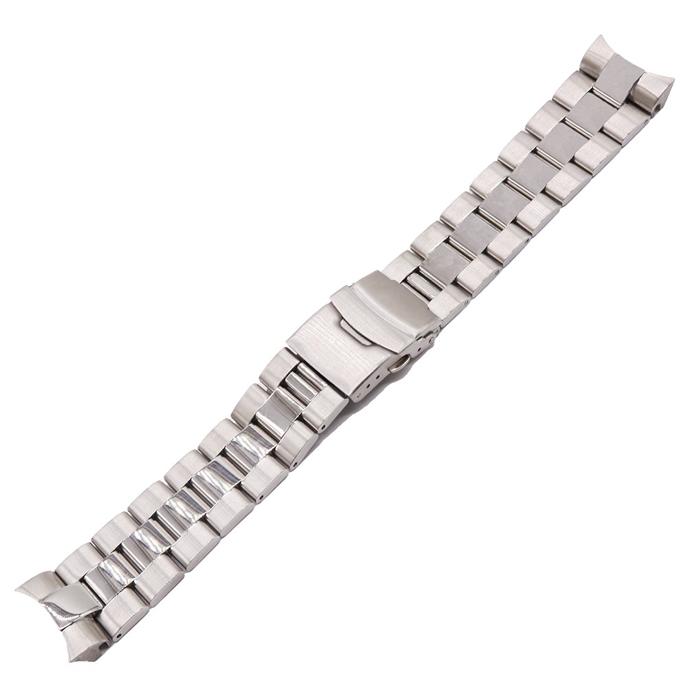 Rolamy - Curved End Watch Band, Silver, Solid, 22mm, Replacement, Double Push Buckle for Seiko