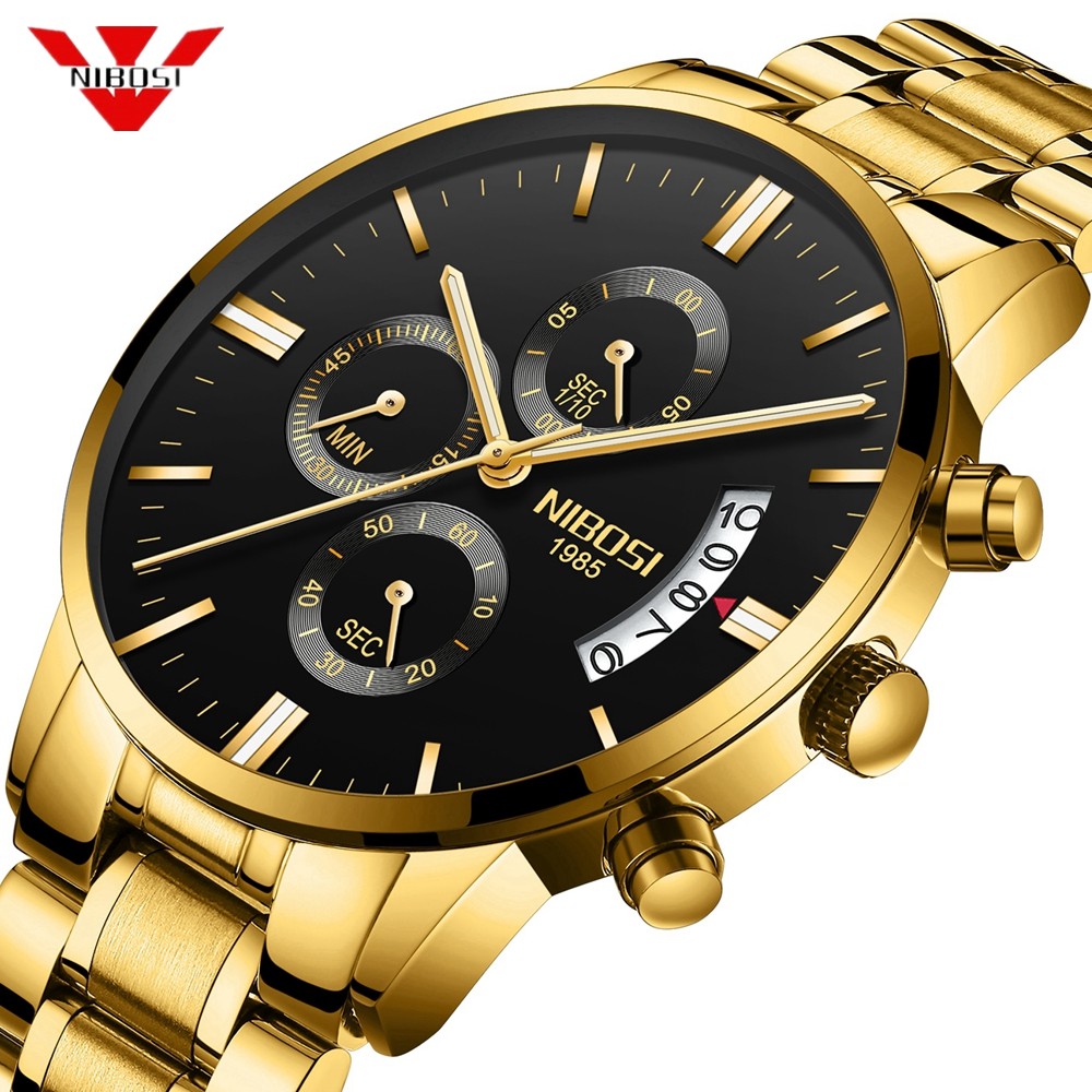 NIBOSI Watches for Men, Gold and Quartz Full Steel Water Resistant Sports Watches