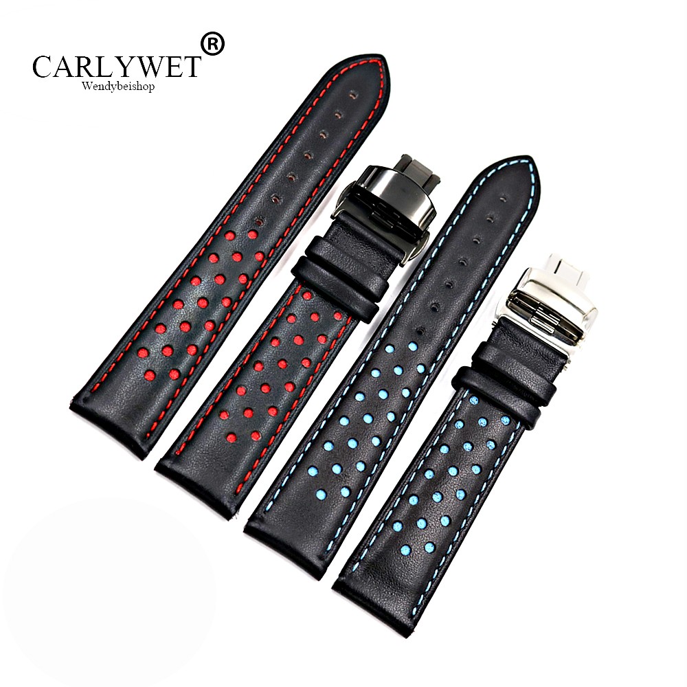 Replacement watch strap, 20mm, 22mm, real cowhide leather, handmade, black, red, blue, double push buckle