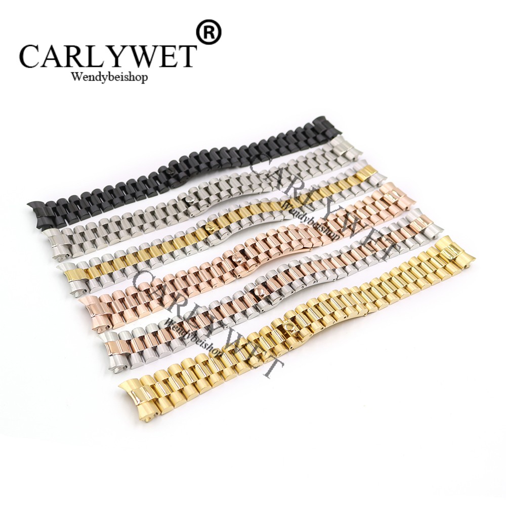 CARLYWET 20mm Silver Black Gold Middle Solid Curved End Screw Connect Stainless Steel Wrist Watch Bracelet Band For President