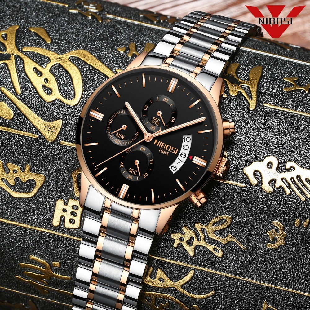 NIBOSI Fashion Watches Mens Top Brand Luxury Watches Rose Gold Waterproof Relogio Masculino Stainless Steel Quartz Wristwatch