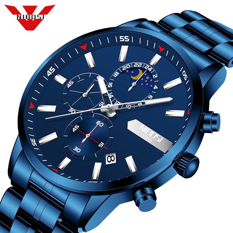 NIBOSI 2021 - Blue Men's Watch, Luxury Sports Chronograph, Quartz, Water Resistant