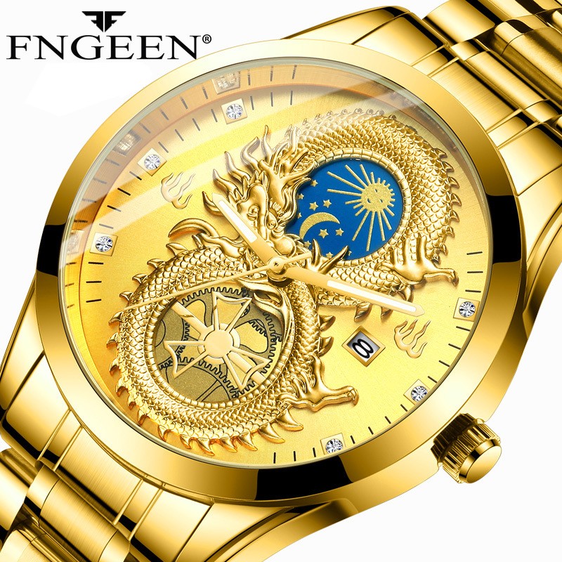 FNGEEN Mens Watches Luxury Brand Chinese Golden Dragon Quartz Watch Diamond Dial Stainless Steel Watch Male Relogio Masculin