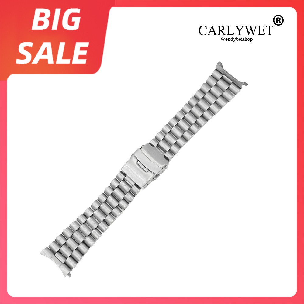 CARLYWET 20 22mm Silver Brush Hollow Curved End Solid Links Replacement Watch Band Bracelet Preseident Style for Seiko