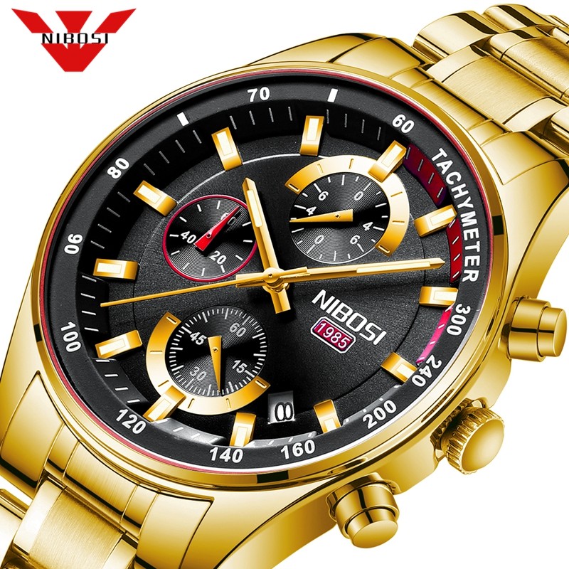 NEBOSI - Luxury Gold Quartz Watch for Men, Sport Chronograph, Water Resistant, Male