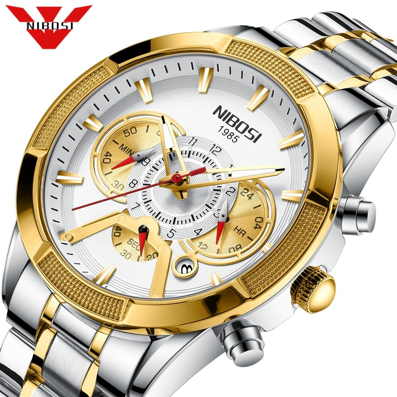 NIBOSI Men's Watch Chronograph Sport Men Watches Luxury Brand Waterproof Full Steel Gold Quartz Watch Men's Watch