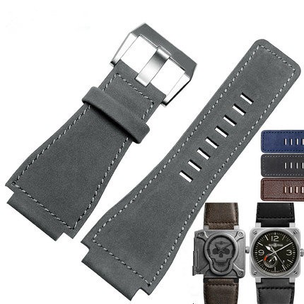 34mm*24mm Gray Blue Brown Leather Watch Band 3mm Thick Strap Belt Silver Black Pin Tongue Buckle