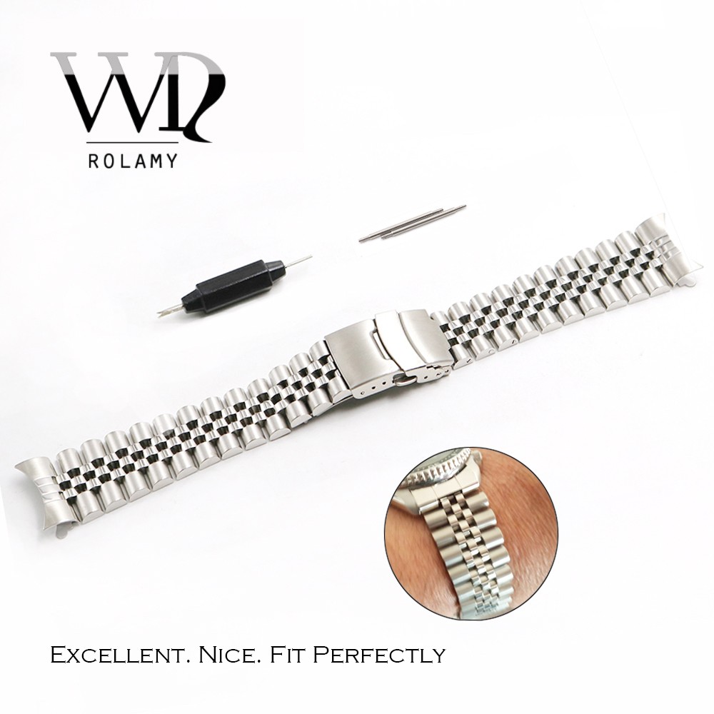 Rolamy 20 22mm Hollow Curved End Solid Screw Quick Stainless Steel Jubilee Watch Band Strap Bracelet With Clasp For Seiko SKX007