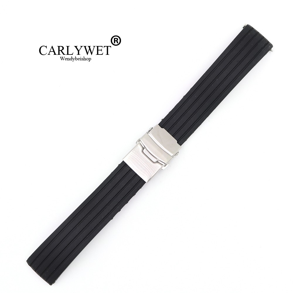 Black Silicone Rubber Watch Strap, Water Resistant, Straight End, Double Push, Stainless Steel Buckle, 18 20 22 24mm