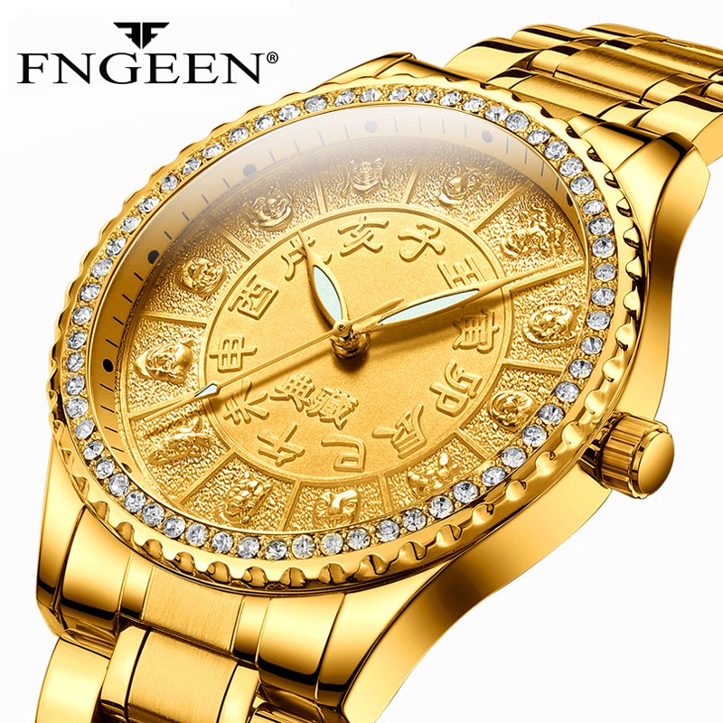 FNGEEN Mens Watches Luxury Brand Chinese Golden Dragon Quartz Watch Diamond Dial Stainless Steel Watch Male Relogio Masculin