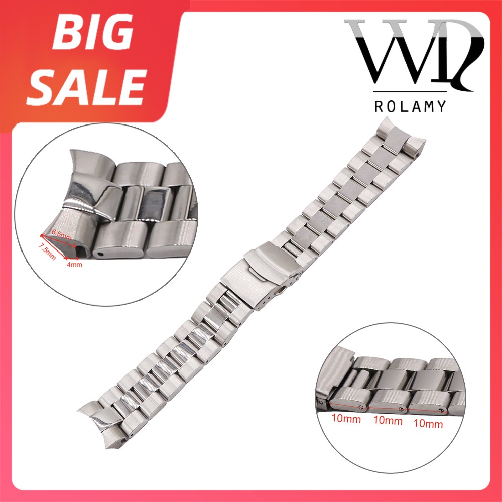 Rolamy - Luxury Watch Band, 22mm, 316 Steel, Solid Curved Tip, Replacement, Watch Strap, Double Push Buckle for Seiko