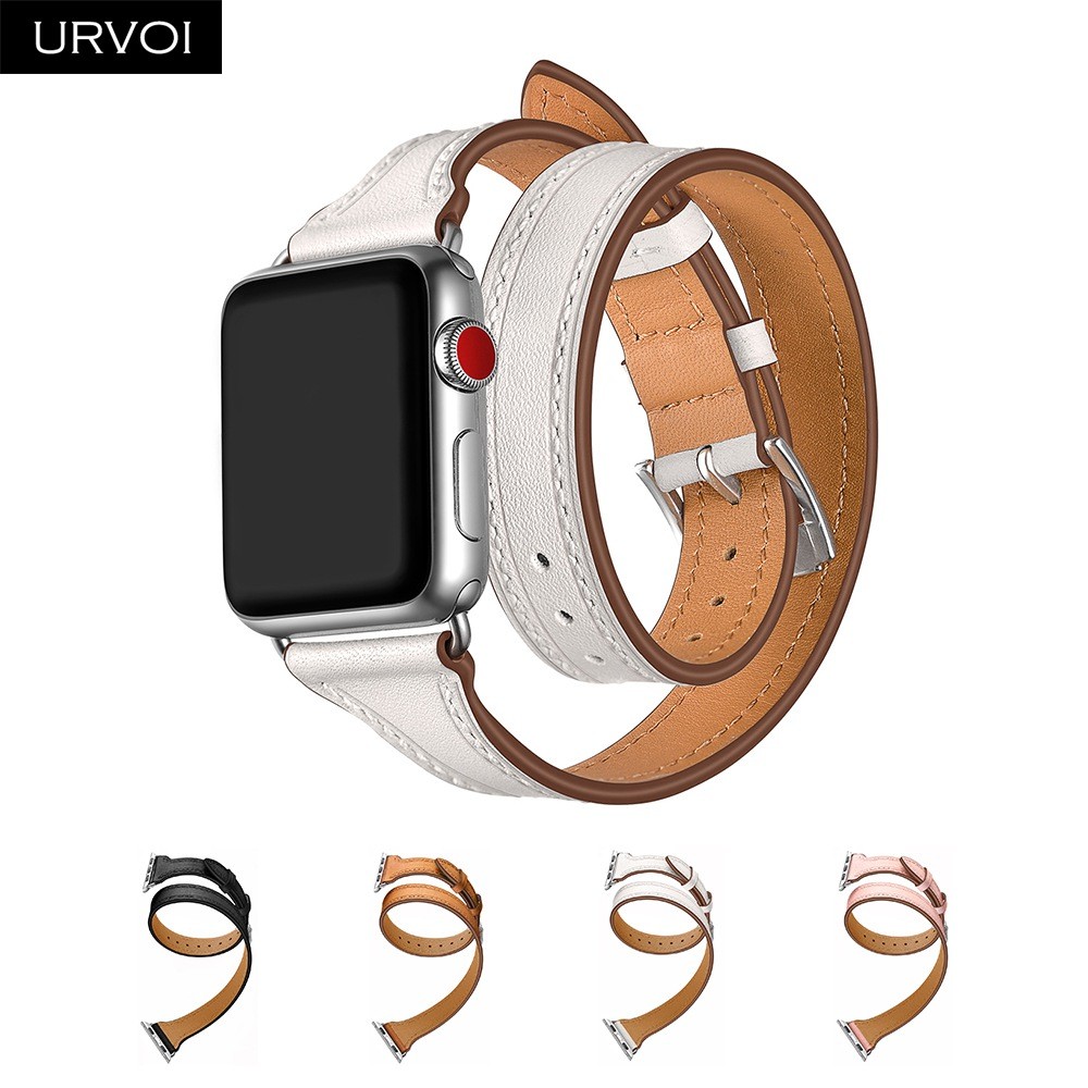URVOI Double Round for Apple Watch Band Series 7 6 SE 5 4 3 Luxury Strap for iWatch Soft Genuine Leather Wrist Loop 40 41 44 45mm