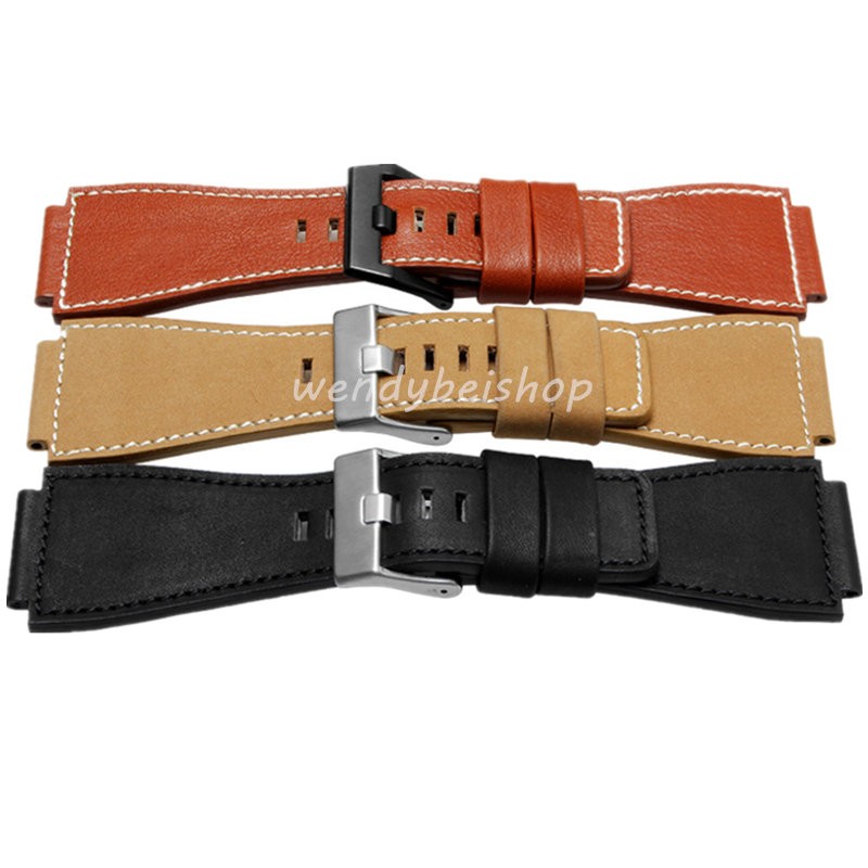 3mm thick genuine leather watch strap, black, yellow, red and brown, silver pin buckle, 34mm*24mm