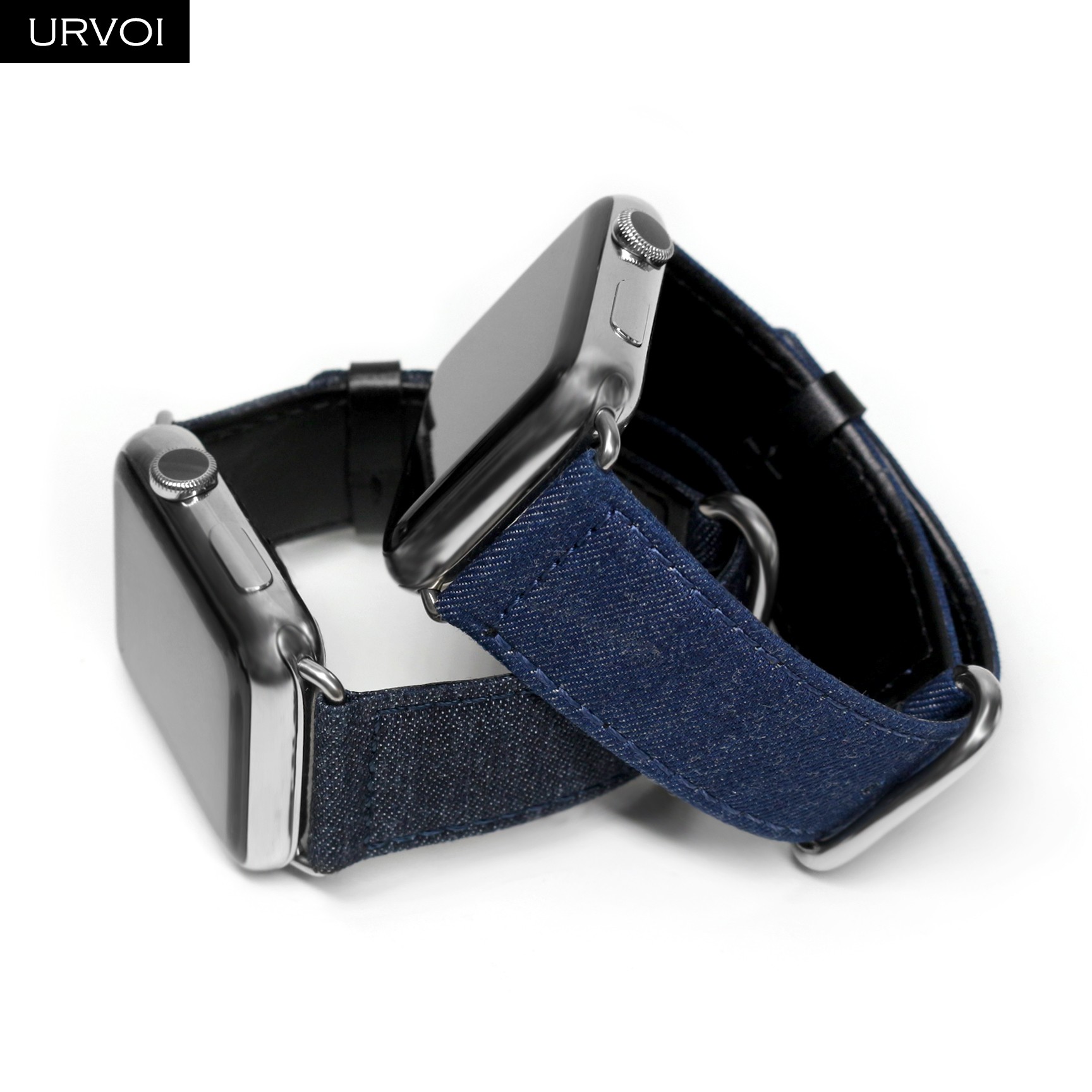 URVOI Band for Apple Watch Series 7 6 SE 5 4 3 2 1 Strap for iwatch Blue Denim Jeans Leather Back Band Classic Buckle 41 45mm