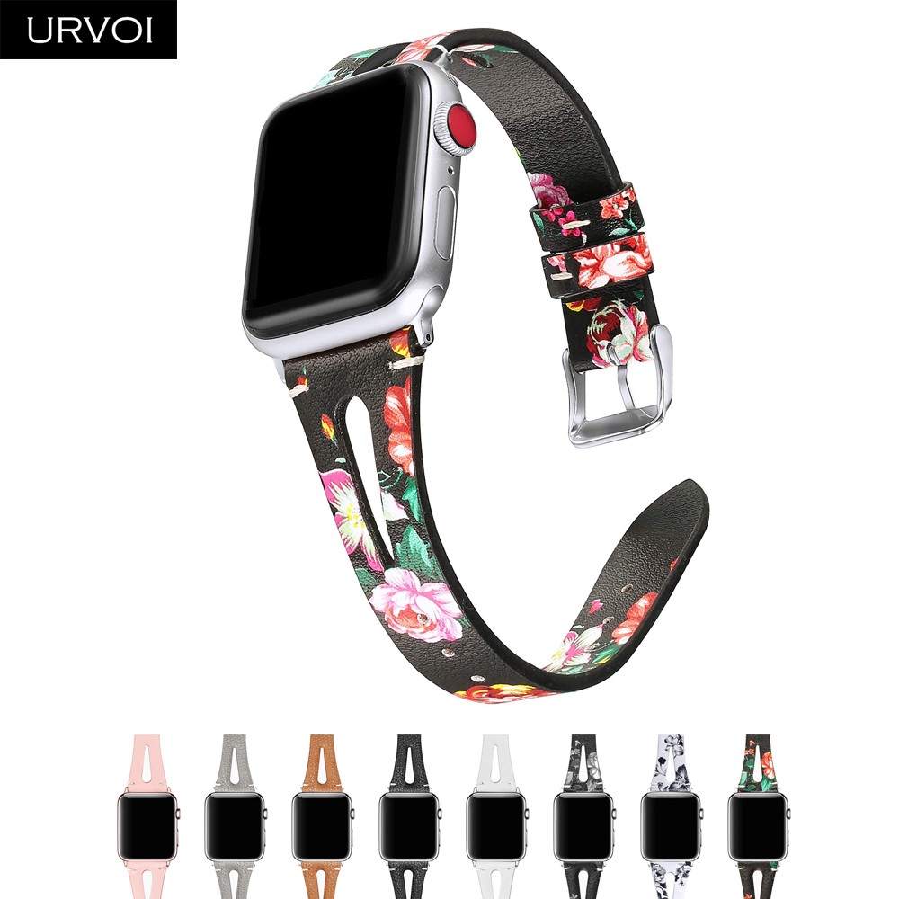 URVOI Leather Band for Apple Watch Series 7 6 SE 5 4 3 Strap for iwatch 41 45mm T Hole Flowers Printed Wrist Women Band