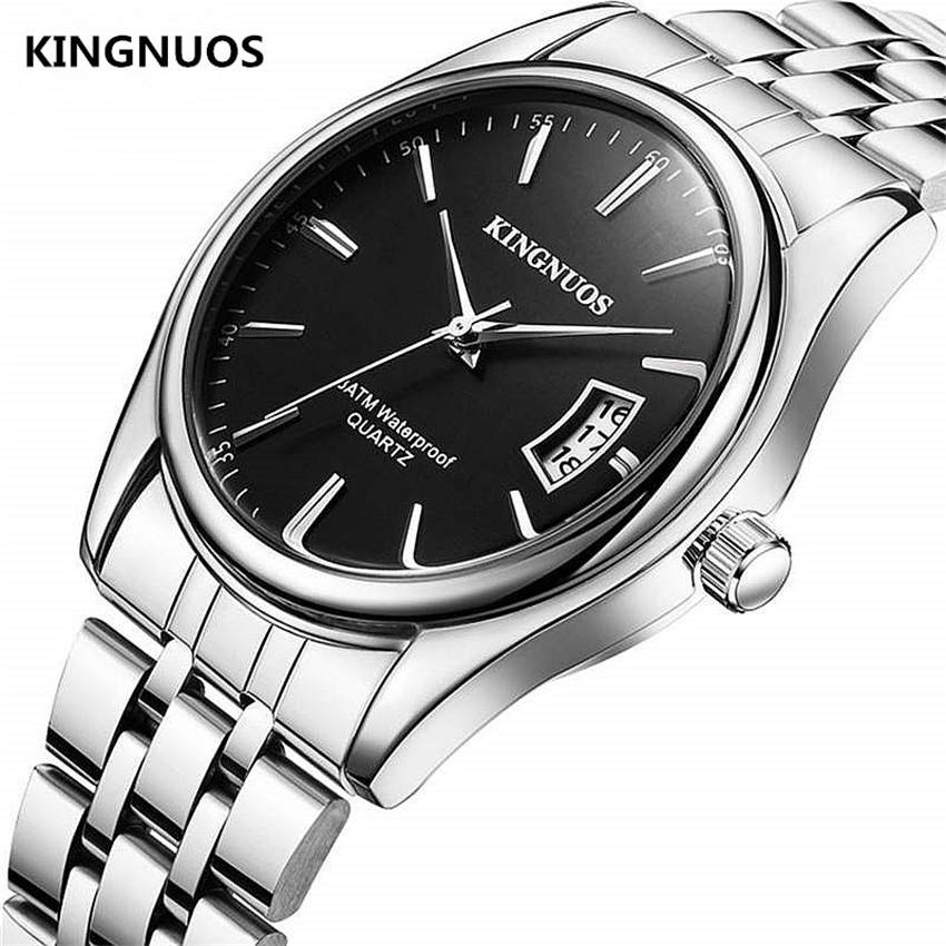 KINGNUOS - Men's Stainless Steel Watch, Water Resistant Sport Band, Quartz, with Calendar