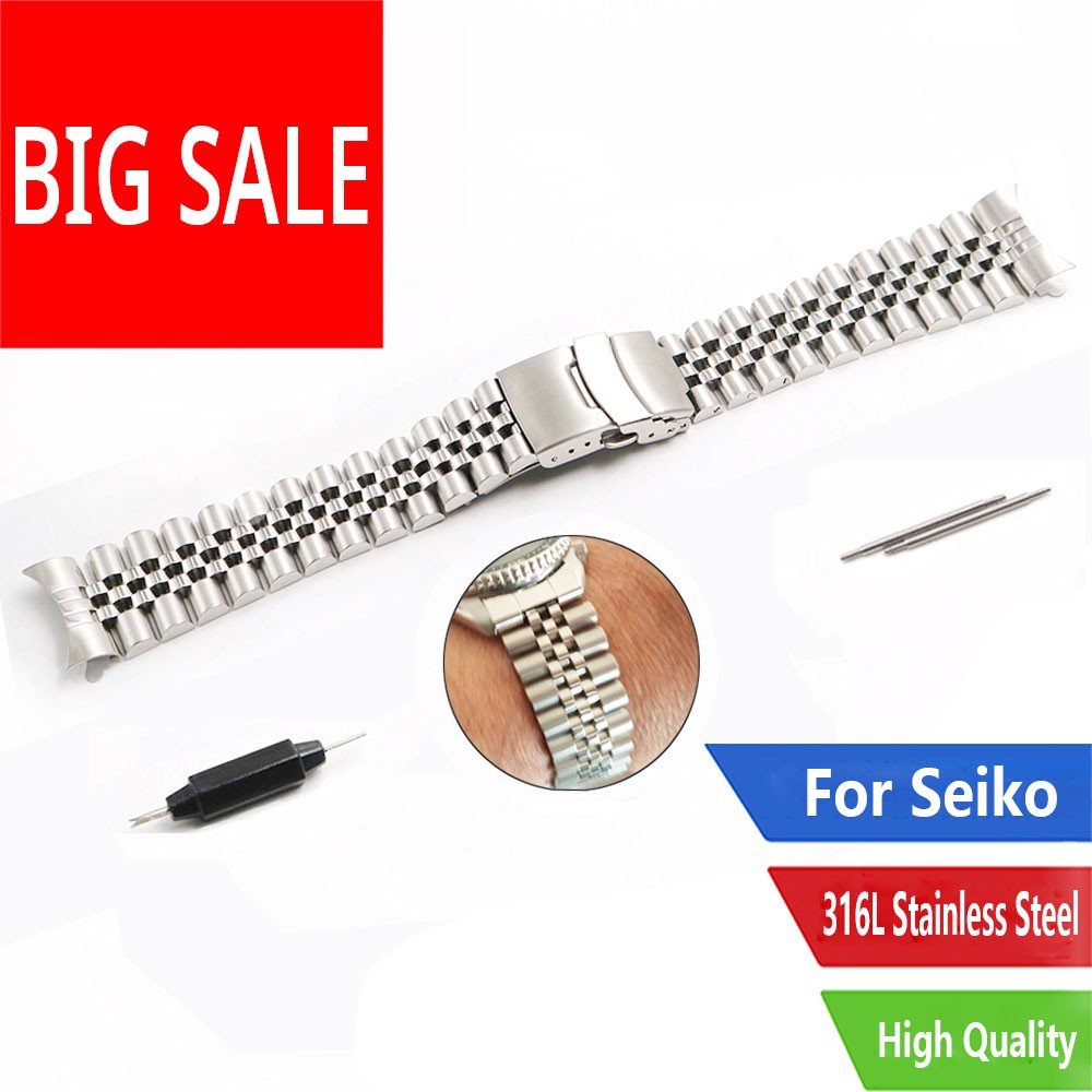 CARLYWET - 22mm Silver Jubilee Watch Band, Hollow Curved Tip, Solid Stainless Steel Screw Links, Silver for Seiko SKX 007