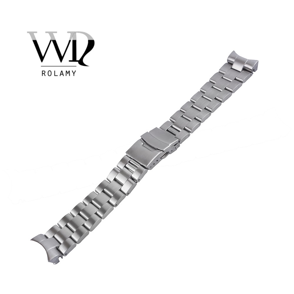 Rolamy 22mm Sliver All Brush Stainless Steel Wrist Watch Band Replacement Metal Watchband Bracelet Double Push Clasp for Seiko