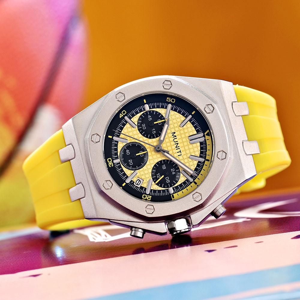 Fashion Quartz Watch Men Yellow Silicone Strap Chronograph Military Watches Sport Auto Date Wristwatch For Man Relogio