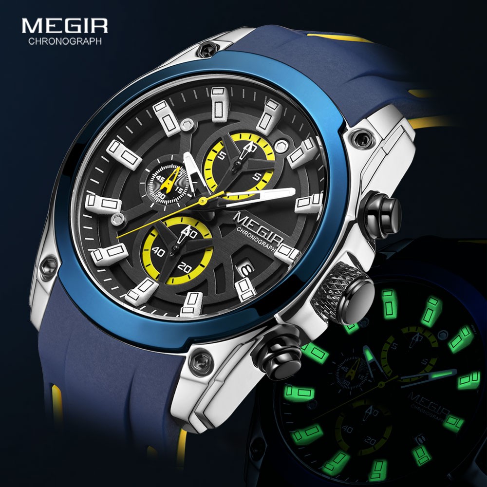 MEGIR Men Sports Military Watches Men Waterproof Fashion Blue Silicone Strap Wristwatch Man Luxury Top Brand Luminous Watch