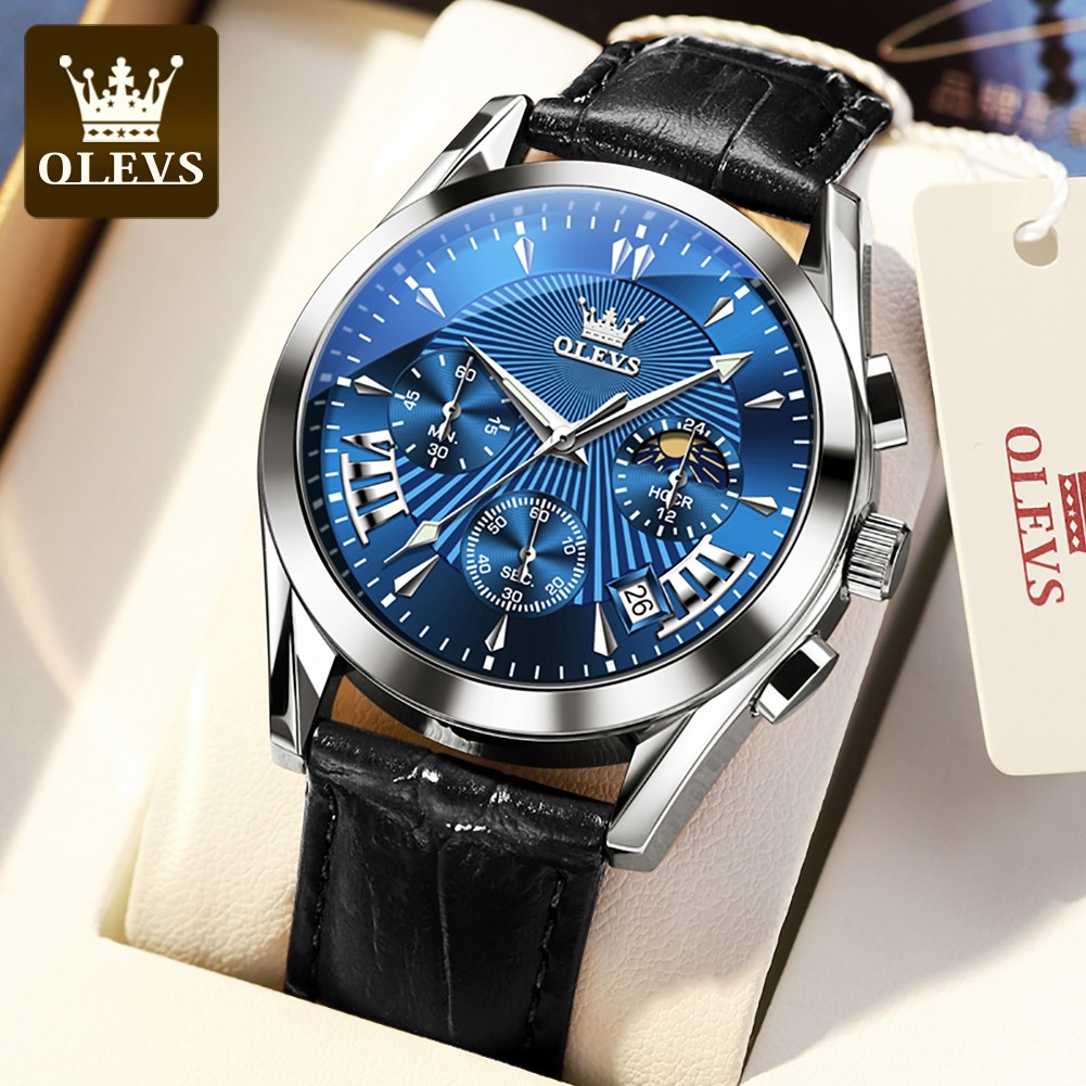 OLEVS Luxury Watch Men's Multifunctional Quartz Watch Business Style Leather Strap Waterproof Mens Calendar Chronograph Watch