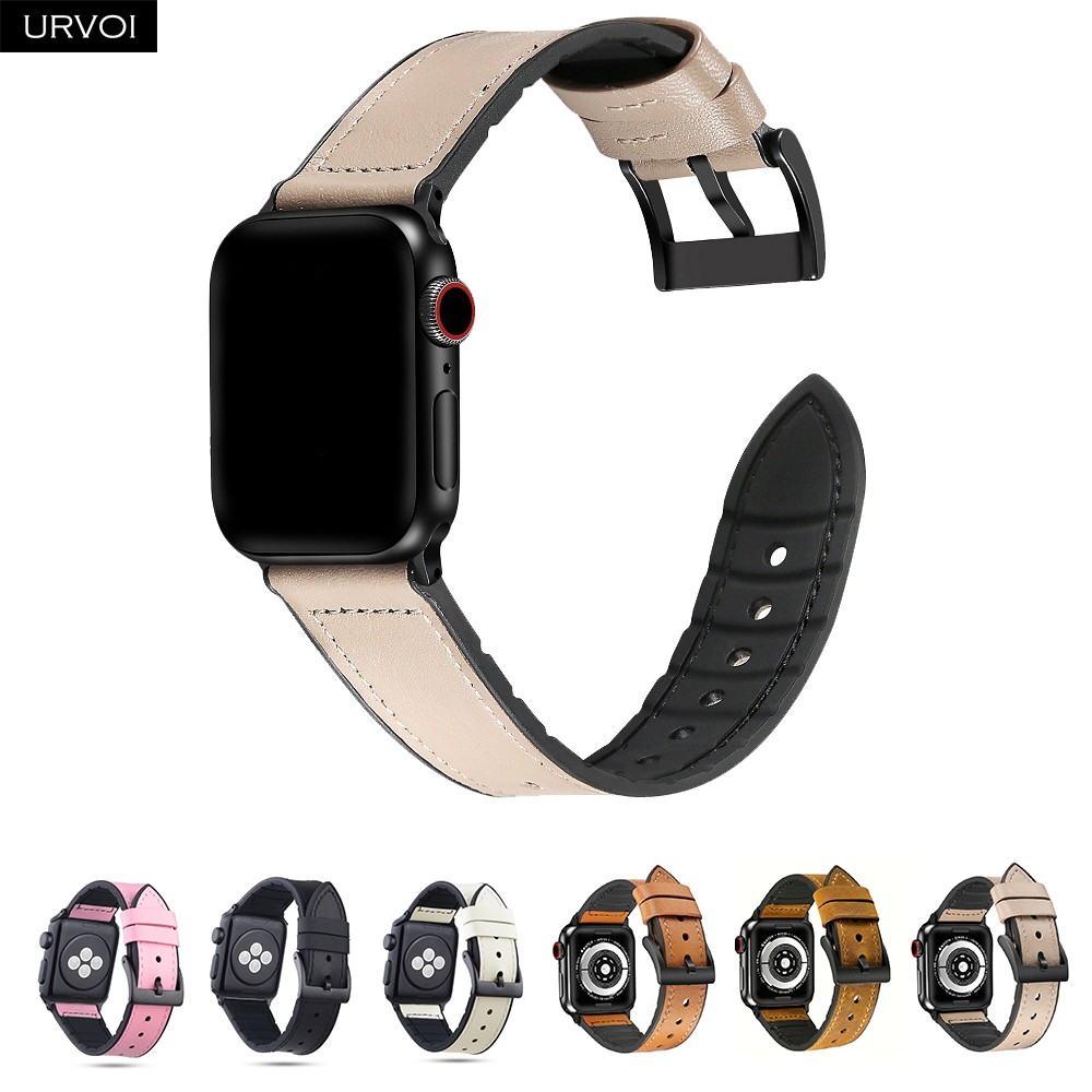 URVOI Strap for Apple Watch Series 7 6 SE 5 4 3 2 1 Leather Strap Silicone Back for iwatch Strap Breathable 41 45mm Buckle Black