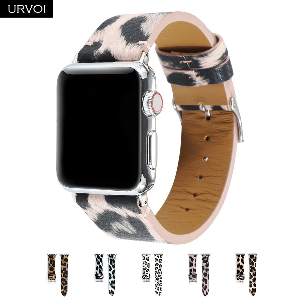 URVOI band for apple watch series 7 6 5 4 3 2 1 SE PU leather with leopard print strap for iWatch microfiber modern design