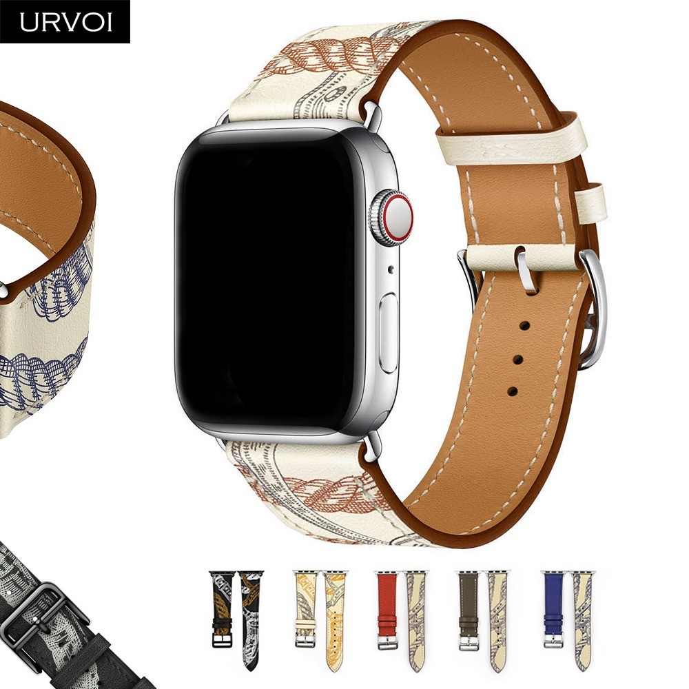 URVOI Printed One Round for Apple Watch Series 7 6 SE 5 4 3 2 Band Swift Leather Strap for iWatch 41 45mm Handmade Wristwatches 2020