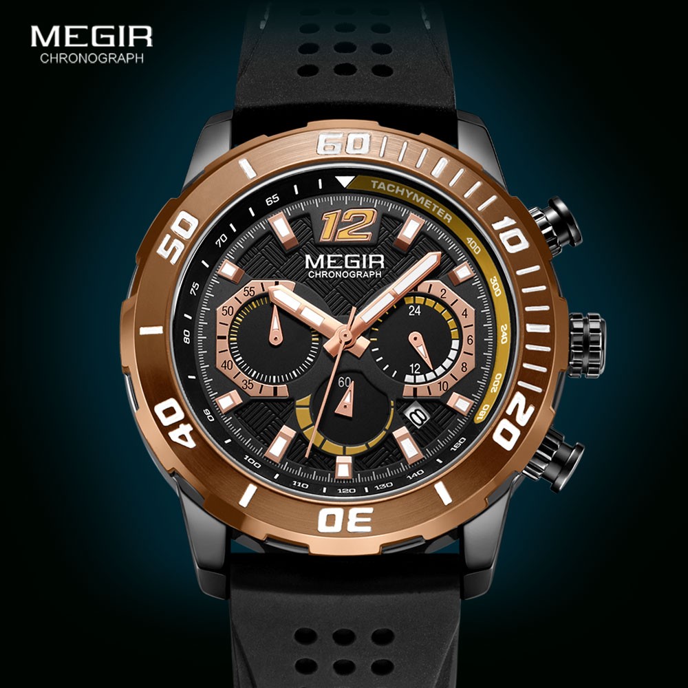 MEGIR Silicone Strap Milliari Sport Watches Men Waterproof Luminous Chronograph Quartz Watch Man Brown Reloj Relogio Watches