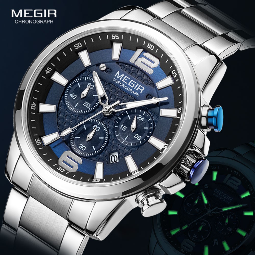 MEGIR 2020- Luxury Watches for Men, Men's Watch, Stainless Steel, Luminous, Water Resistant, Sport Chronograph, Quartz, Blue