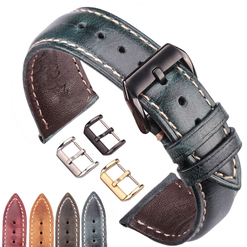 Oil Wax Genuine Leather Watchband Women Men Cowhide Watch Strap Band 18mm 20mm 22mm 24mm Watch Watch Bracelet Metal Clasp