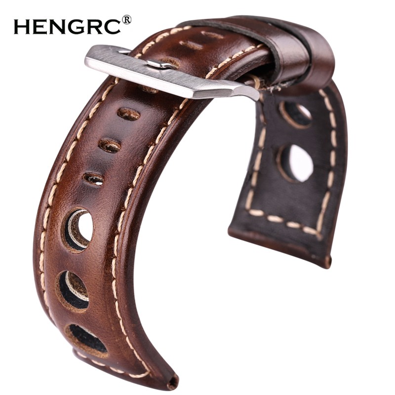 Cowhide Oil Wax Leather Watch Band, 22mm, 24mm, Dark Brown, for Men and Women, Genuine Leather, Fashionable, with Pin Buckle