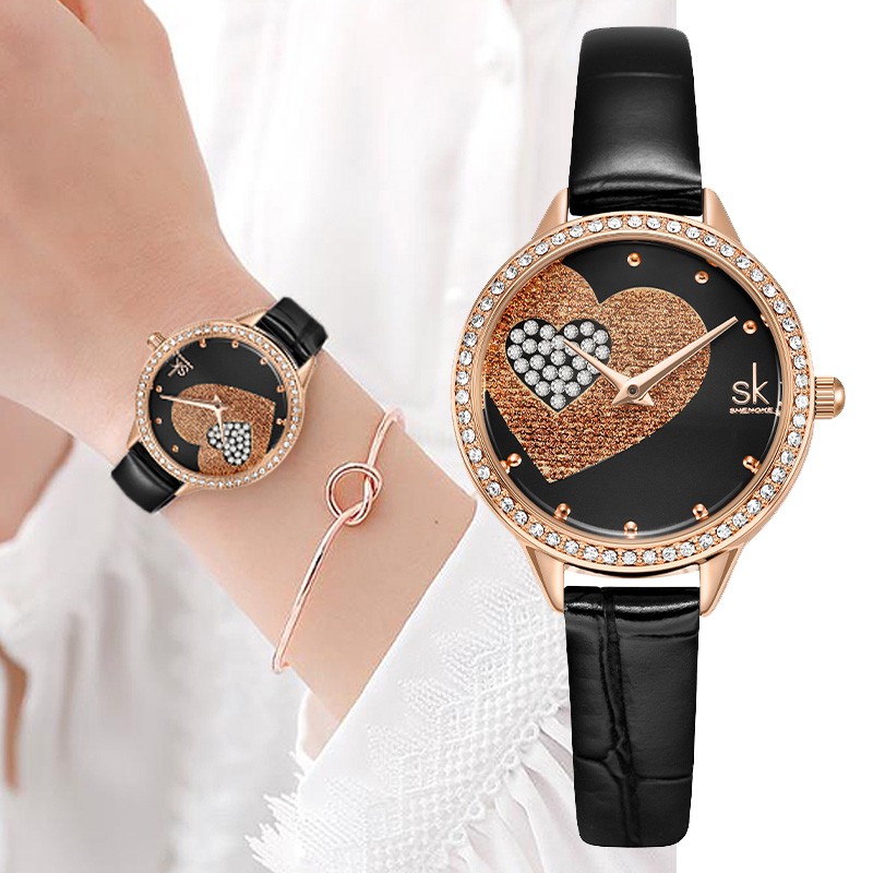 Quartz Watch for Women Luxury Fashion Leather Wristwatch Female Anniversary Gift Office Casual Shopping Rhinestone Heart Clock