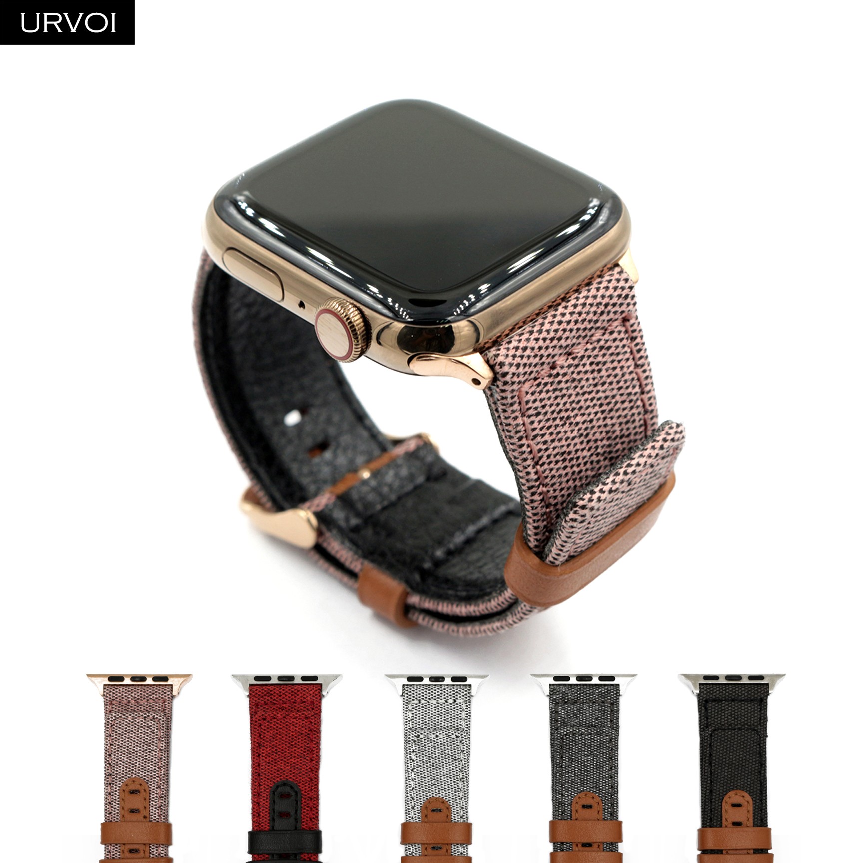 URVOI strap for apple watch 7 6 SE 5 4 3 2 1 band for iwatch canvas band 41 45mm outboard style leather back watch accessoiries