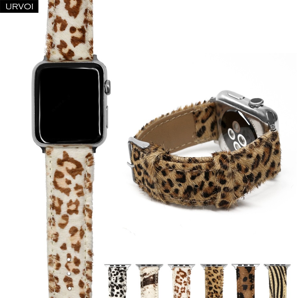 URVOI Band for Apple Watch Strap for iwatch Series 7 6 SE 5 4 3 2 1 Horse Fur Leather Leopard Print Pattern 40 44mm Comfortable