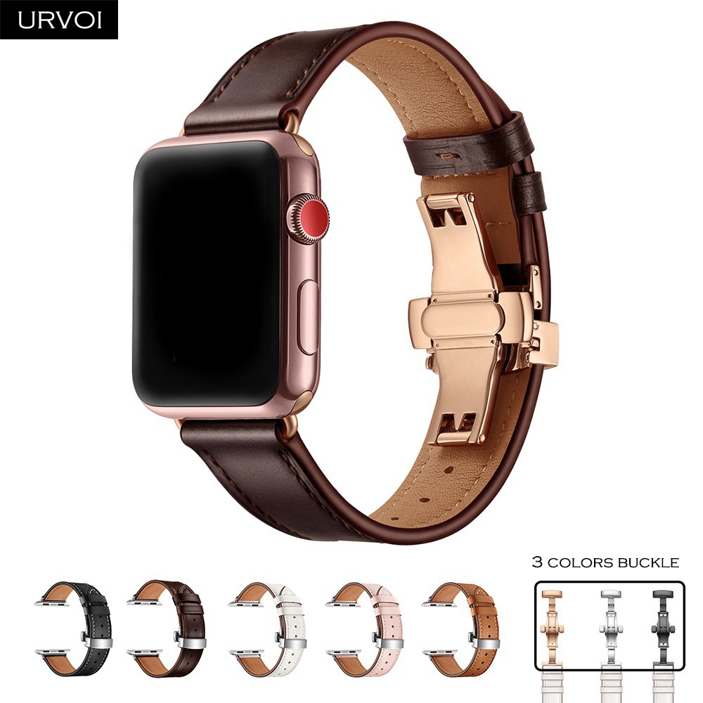 URVOI Deploy Buckle Band for Apple Watch 7 6 SE 5 4 3 Leather Strap for iwatch 41mm 45mm Single Round Design Butterfly Buckle