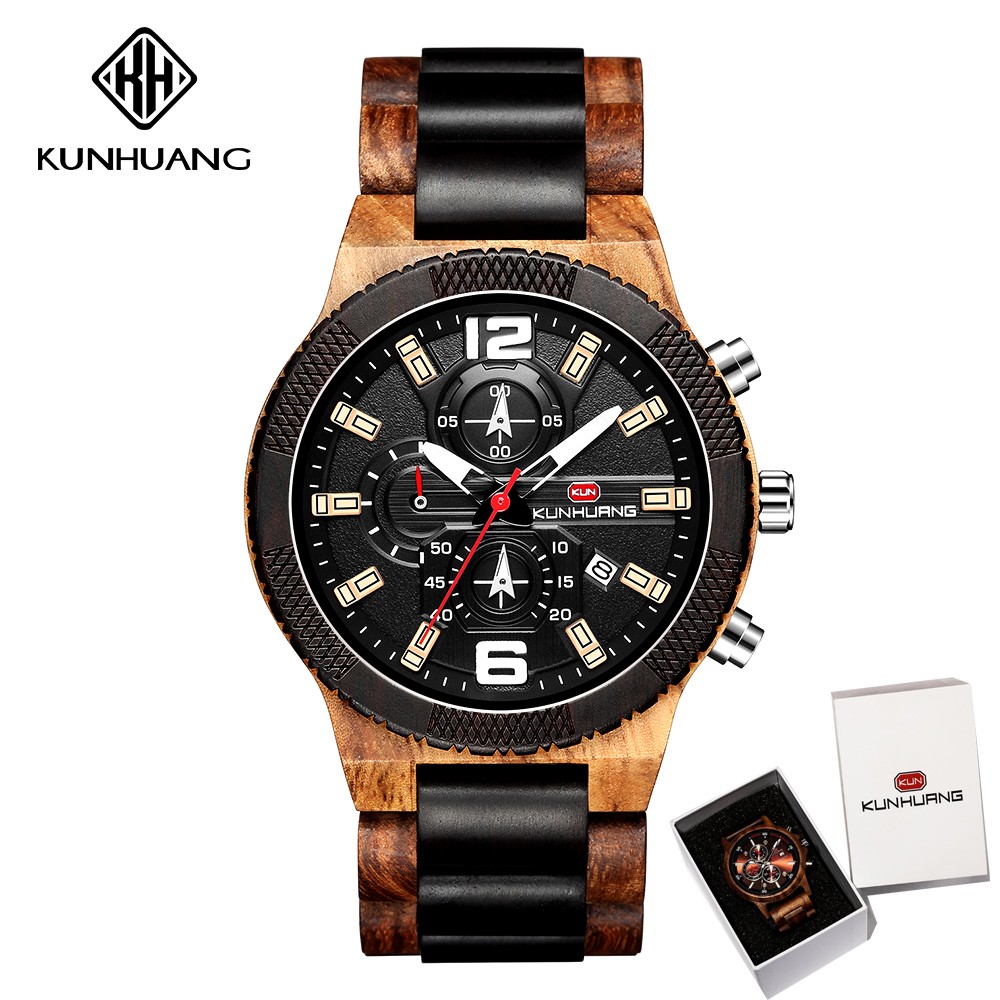 Kunhuang New Fashion Wooden Men's Watch Luxury Brand Multifunction Sports Mens Wristwatch Quartz Casual Relogio Masculino