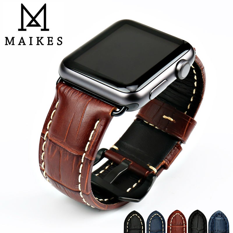 MAIKES Watchbands Genuine Cow Leather Watch Strap for Apple Watch Band 44mm 38mm Series 6/5/4 Iwatch 7 45mm 41mm Watchband