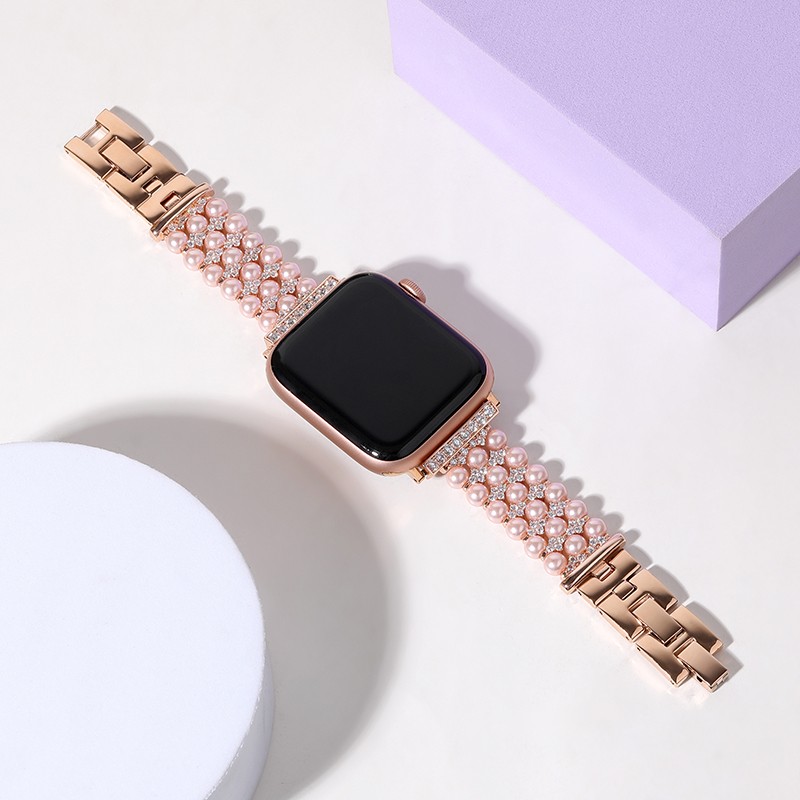 Pearl Metal Diamond Strap for Apple Watch 7 45mm 41mm Ladies High-end Bracelet Wristband for iwatch 7 6 5 4 3 SE 44mm 42mm 40mm