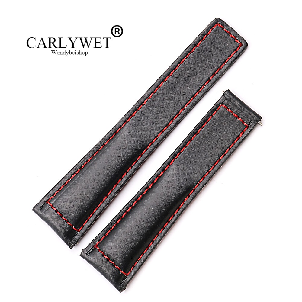 CARLYWET 20 22mm Wholesale Black with Red Stitches High Quality Genuine Leather Replacement Watch Band Strap Strap